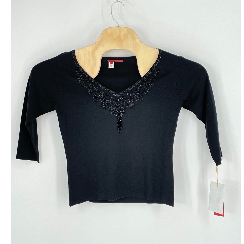 NWT Tape Measure Silk Blend Beaded‎ V-Neck Top Black 3/4 Sleeve NWT Large